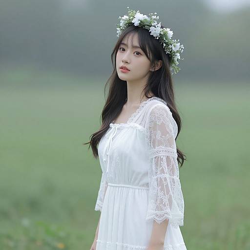 Ethereal Woman in Misty Green Field