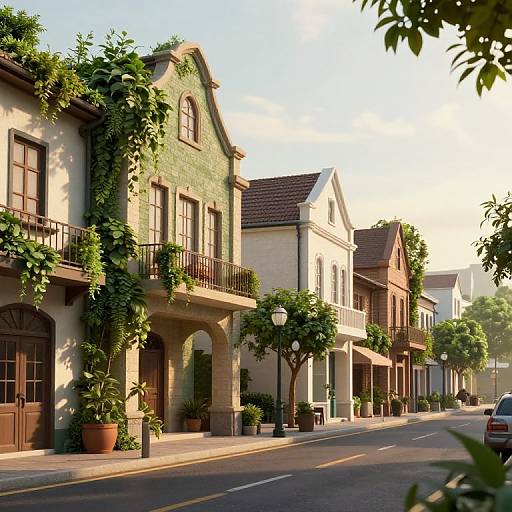 Photograph of charming, sunlit street with quaint, two-story buildings adorned with vines, balconies, potted plants, and a clear blue sky