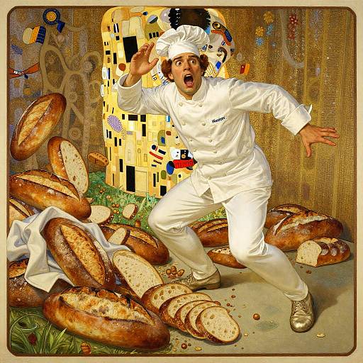 Photograph-style digital art: Exuberant male baker in white uniform, chef's hat, gold shoes, dramatically flinging flying loaves of bread