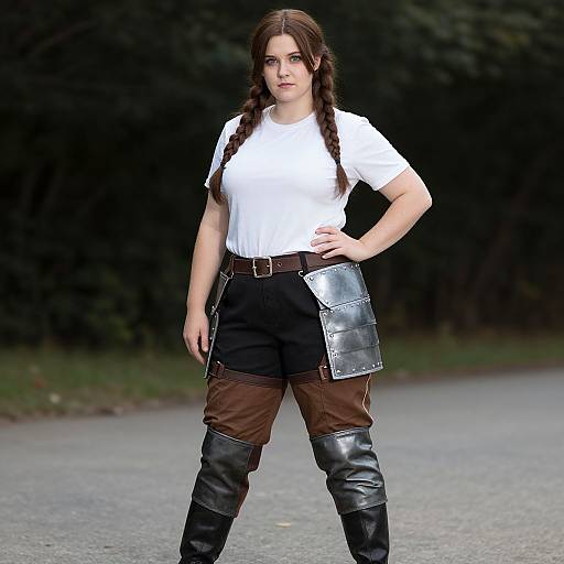 Photograph of a young woman with dark brown braided hair, wearing a white t-shirt, black and brown cargo pants, black leather boots, and