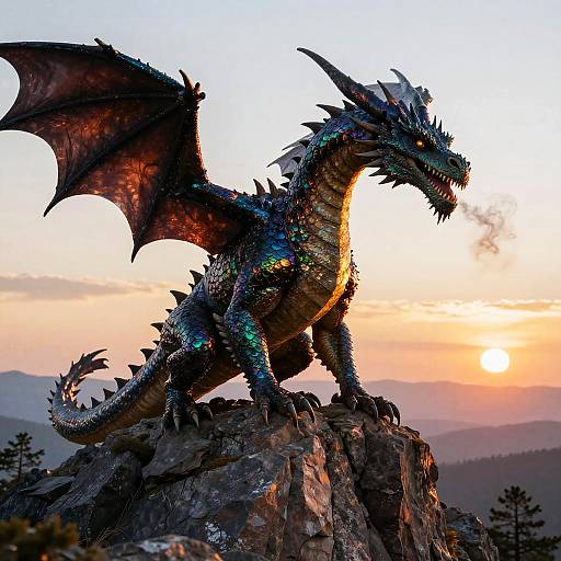 Photograph of a vivid, iridescent dragon with dark blue scales, red-orange wings, and sharp spikes, standing on a rocky peak at sunset