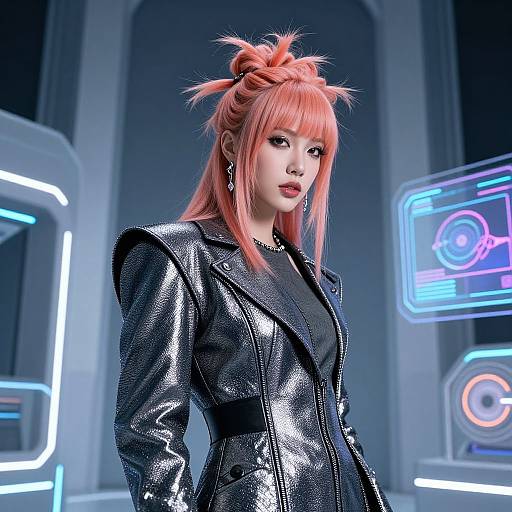 Digital CGI of a pink-haired anime girl in a shiny black leather jacket, futuristic neon-lit background, stylish, confident pose.