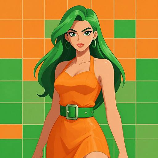 Digital illustration of a green-haired woman with large eyes, wearing an orange dress with a green belt, standing against a colorful orange and green tiled background.