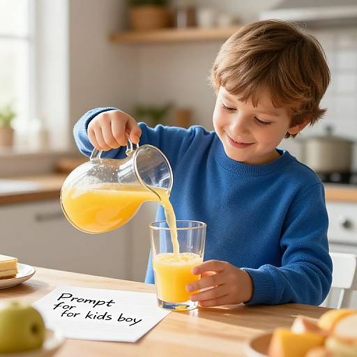 Sunny Kitchen Boy Pouring Juice