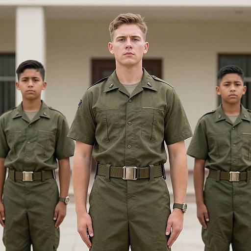 Photograph of three male soldiers in olive green uniforms with short sleeves, standing in front of a beige building. Central soldier is most prominent, with two