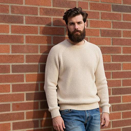 Photograph of a bearded man with dark hair, wearing a white sweater and blue jeans, leaning against a red brick wall.