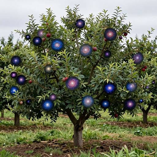 Photograph of a lush, green apple tree with glowing blue and red apples, standing in a grassy orchard, under a bright sky.