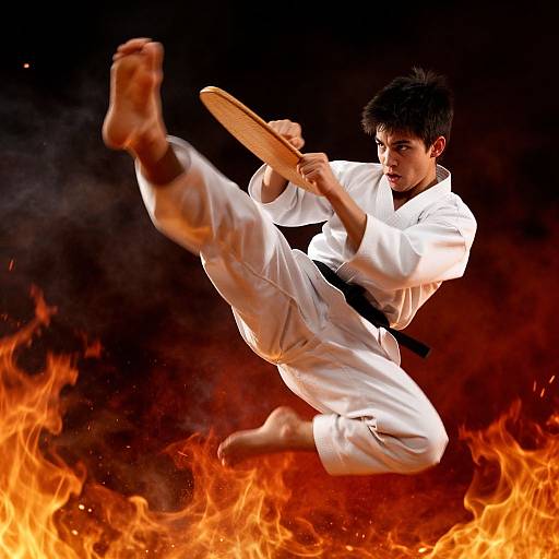Photograph of a young Asian male karate practitioner mid-kick, wearing a white gi, holding a wooden paddle, surrounded by intense orange flames against