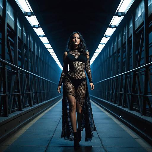 Woman in Sheer Fishnet Dress Walking in Underpass