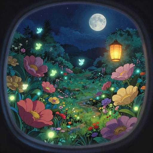 Moonlit garden viewed through a circular window, vibrant flowers, glowing fireflies, lantern, and butterflies under a starry night sky.
