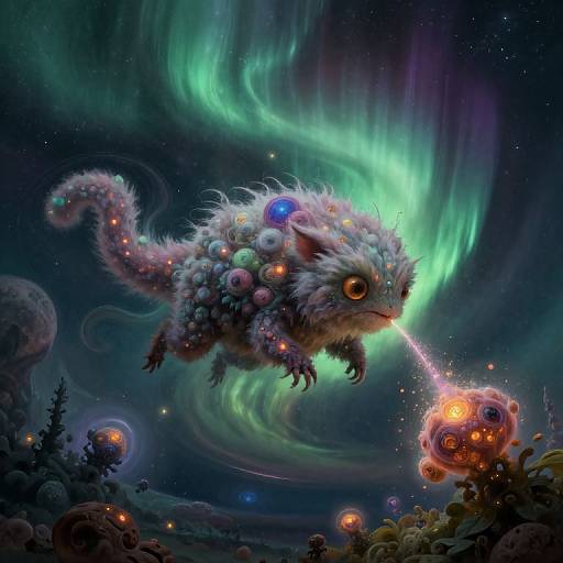 Digital fantasy art: Fuzzy, orb-covered creature with glowing eyes and a laser beam shoots at a glowing, orb-like target amidst a colorful aurora