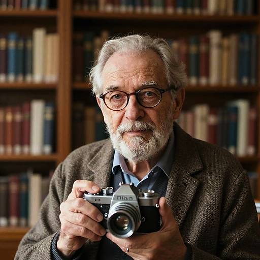 Photograph of an elderly man with white hair and beard, wearing glasses and a brown blazer, holding a vintage Canon camera in a library with book