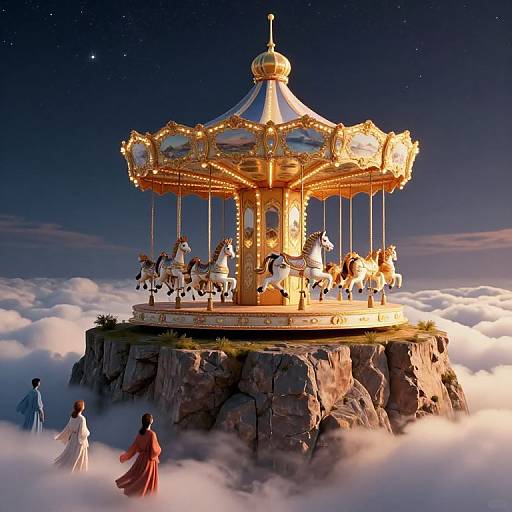 Fantastical photograph of a golden carousel with white horses on a rocky cloud island, illuminated by moonlight, with three elegantly dressed people in flowing