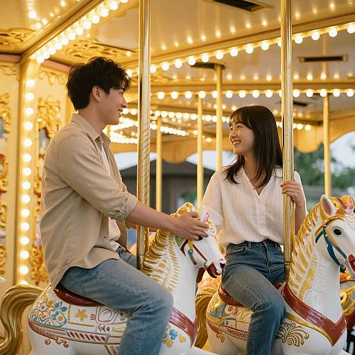 Photograph of a smiling Asian couple riding a decorative, lit carousel horse, both wearing casual white shirts and blue jeans.