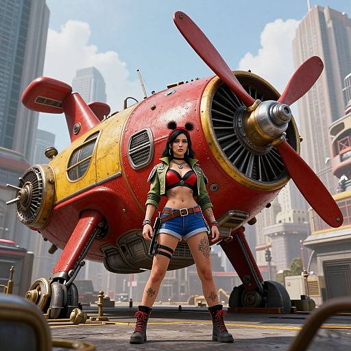 CGI image of a confident, tattooed woman with black hair, green jacket, red bra, and denim shorts, standing in front of a vintage