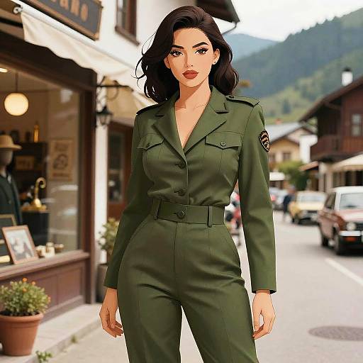 Digital illustration of a confident, dark-haired woman in a green military-style jumpsuit standing on a sunny, mountainous street, with shops and cars in