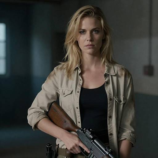 Serious Blonde Woman Holding Rifle in Industrial Room