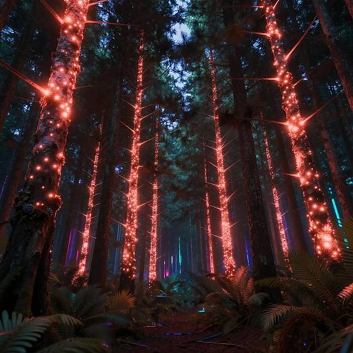 Neon Glowing Pine Forest at Night