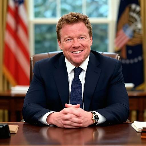 Photograph of smiling, light-skinned man with short brown hair in black suit, white shirt, and black tie, seated at a wooden desk in