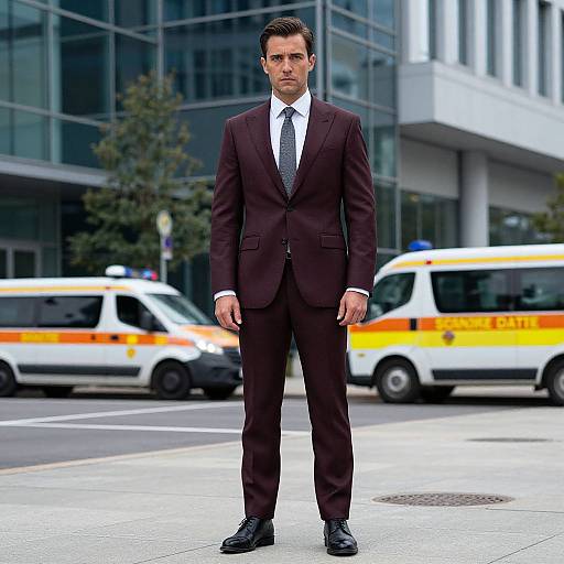 Photograph of a serious, dark-haired man in a black suit, white shirt, and black tie standing on a city street, with two yellow-and