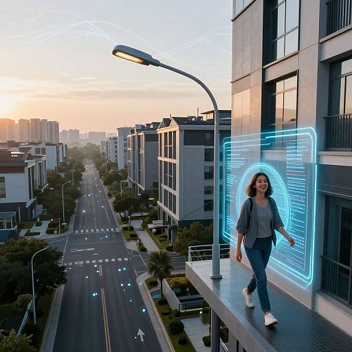 Photograph of a smiling woman in casual clothes, standing on a modern building ledge, next to a glowing blue holographic interface, overlooking a city street