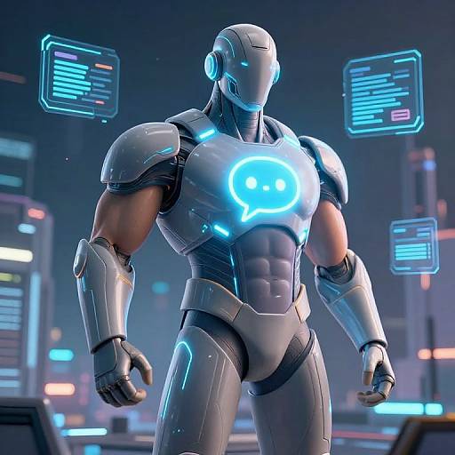 Digital CGI of a muscular, futuristic, armored robot with glowing blue speech bubble on chest, set against a neon-lit cityscape.