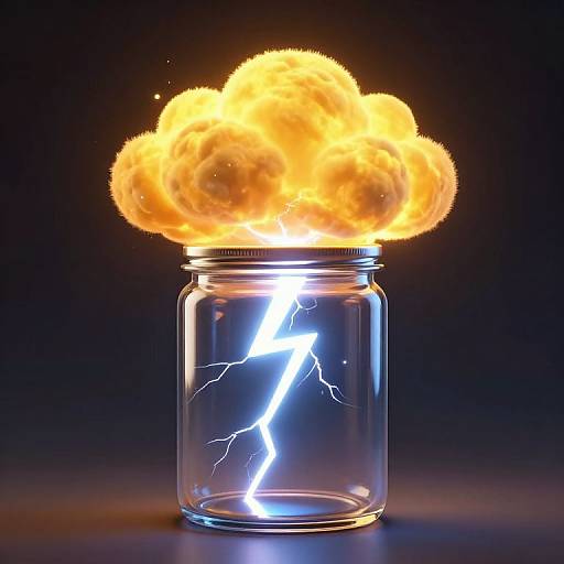 Photograph of a clear glass jar with a bright blue lightning bolt inside, topped by a glowing, fiery orange cloud against a dark background.