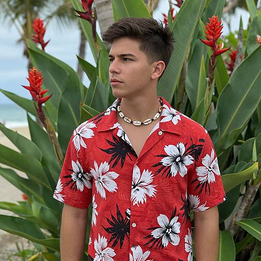 Photograph of a young man with short black hair, wearing a red floral shirt, black and white pattern, shell necklace, standing in front of tall