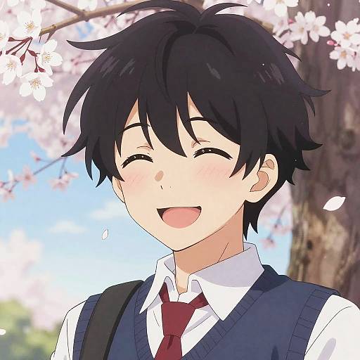 Smiling Anime Boy with Cherry Blossoms