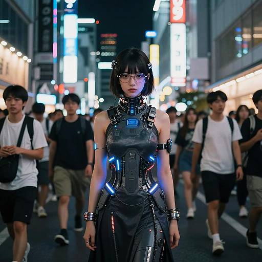 Cyberpunk night scene photograph: Asian woman with black bob, futuristic armor dress, glowing blue lights, surrounded by blurred pedestrians in a neon-lit