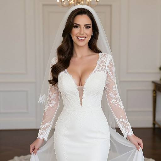 Photograph of a smiling brunette bride in a white lace, deep V-neck wedding dress with long sleeves and veil, standing in an elegant, white-w