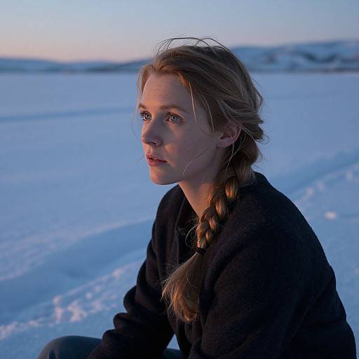 Photograph of a fair-skinned woman with blonde braided hair, wearing a black sweater, sitting in a snowy landscape at twilight.