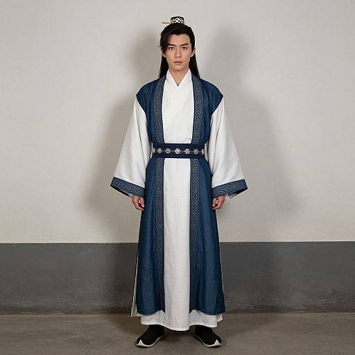 Photograph of a young East Asian woman with long black hair, wearing a traditional navy and white Korean hanbok, black shoes, standing against a