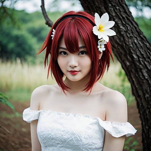 Woman in White Dress with Red Hair and Flower Ornament