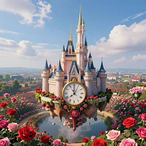 Surreal Castle Over Floating Rose Garden