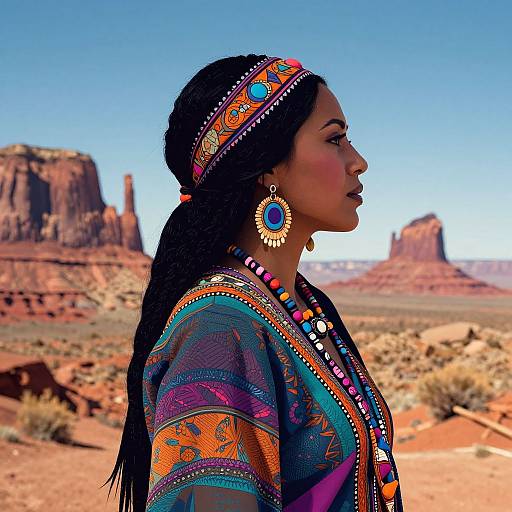 Photorealistic digital portrait of a Black woman in vibrant Native American attire with intricate headband and jewelry, profile view, against a desert landscape with red