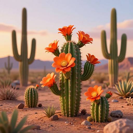 Photograph of a vibrant desert scene at sunset, featuring a tall, green cactus with bright red flowers, surrounded by smaller cacti and ag