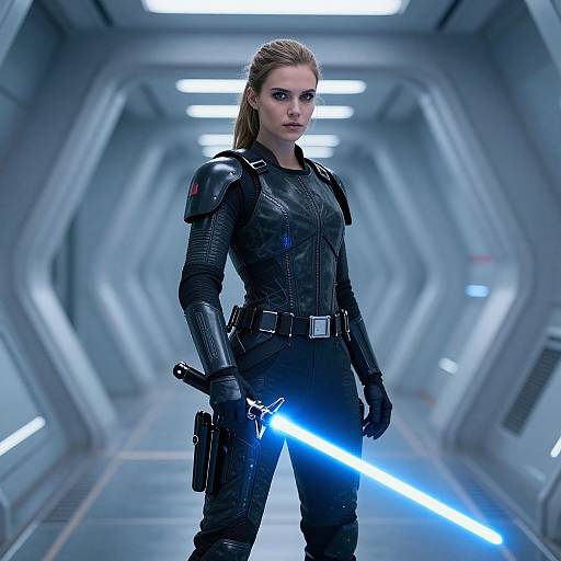 Photorealistic CGI of a determined woman with blonde hair, wearing black armored suit and gloves, holding glowing blue lightsaber in futuristic corridor.