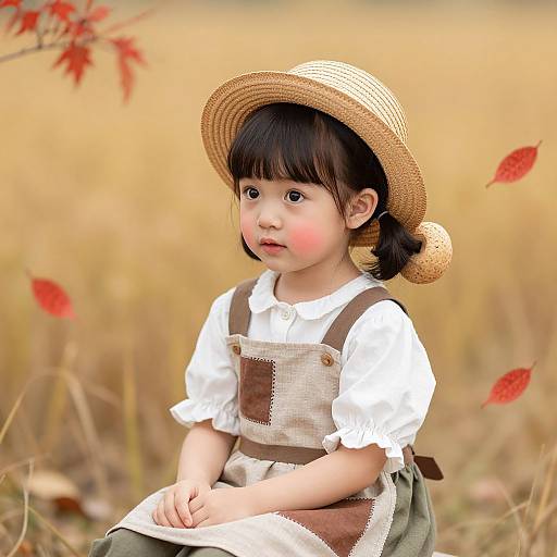 Photograph of a cute Asian toddler with rosy cheeks, wearing a straw hat, white blouse, and brown pinafore, sitting in a golden