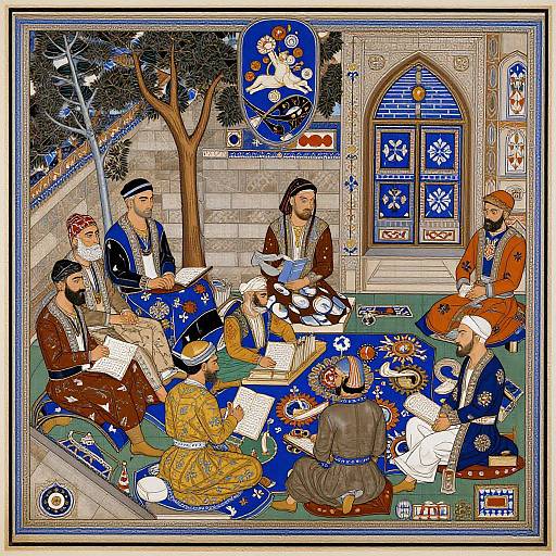 Illustration of a medieval-style gathering with eight people in traditional clothing, sitting on the floor, writing and drawing, surrounded by intricate blue and white patterns