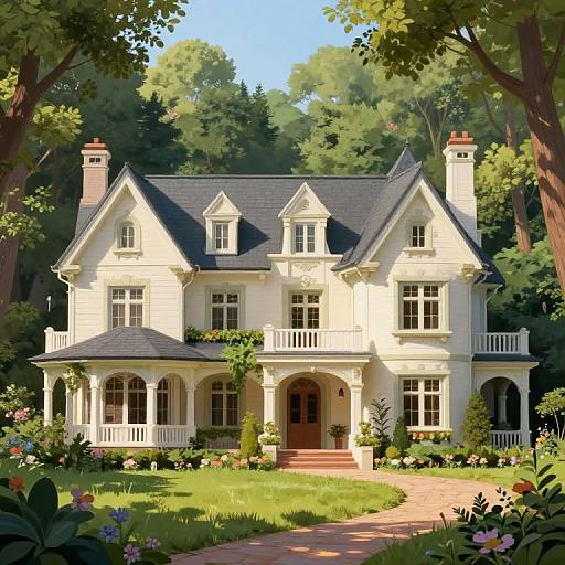 Photorealistic digital image of a charming, two-story, cream-colored Victorian house with a black shingled roof, surrounded by lush greenery and