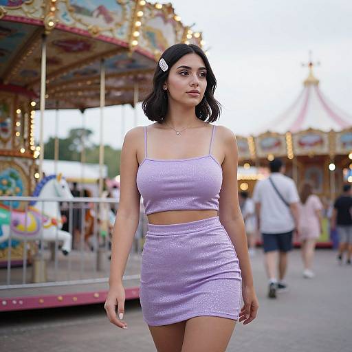 Photograph of a young woman with fair skin and dark hair, wearing a lavender crop top and matching mini skirt, walking past a colorful, illuminated carousel
