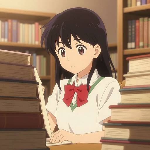 Anime-style digital drawing of a black-haired girl with a red bowtie, white shirt, and green accents, writing in a book-filled library.