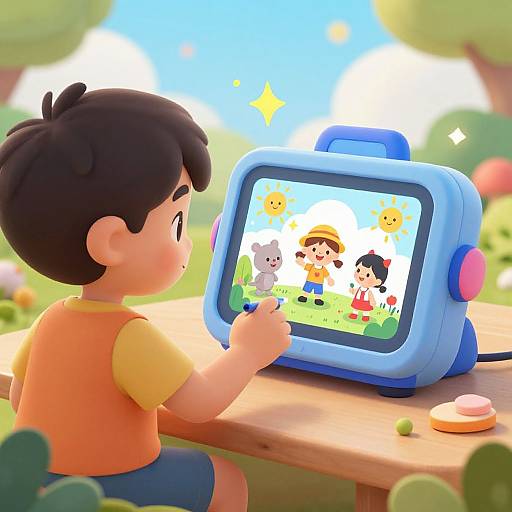 Digital illustration of a young boy with short black hair, wearing an orange shirt and blue shorts, playing on a blue handheld game console in a sunny,