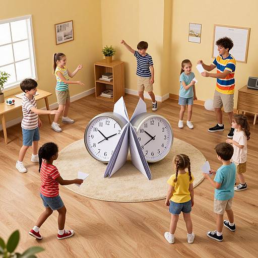 Photograph of six children in colorful clothes, standing around a clock-shaped centerpiece in a bright, yellow-walled living room.