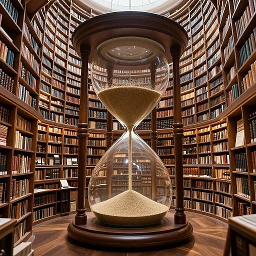 Photograph of a large, ornate wooden hourglass with sand in a library, surrounded by tall, curved bookshelves filled with books. Warm