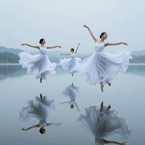 Three ballet dancers in flowing white dresses leap mid-air over a calm, reflective lake, their reflections mirrored below. Ethereal, serene photograph.