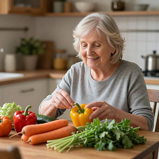 Photograph of an elderly woman with short white hair, smiling while chopping a yellow bell pepper on a wooden kitchen counter, surrounded by colorful vegetables and leaf