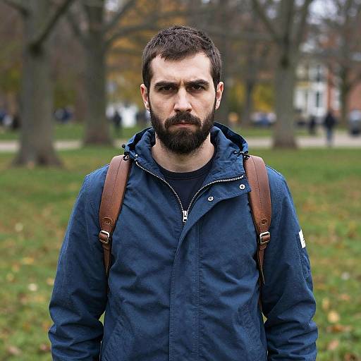 Photograph of a serious, bearded man with short dark hair, wearing a navy jacket and brown backpack, standing in a park with blurred autumn trees