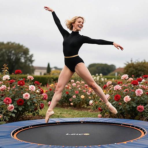 Ballet Dancer Jumping on Trampoline in Rose Garden